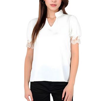 Women's Puff Sleeve Blouse with Delicate Crochet Cuffs and V-Neckline