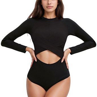 Women's Long Sleeve One Piece Swimsuit with Cut-Out Waist and Cross Front Detail