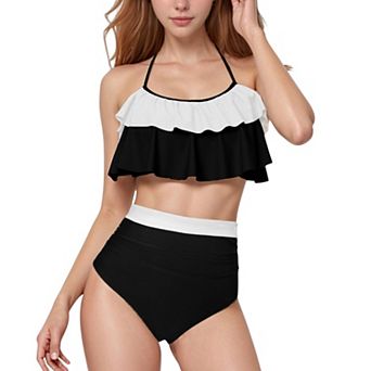 Women's Ruffle Flounce Bikini Top and High Waist Bottom Two-Piece Swimsuit with Contrast Trim