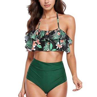 Women's Ruffle Flounce Bikini Top and High Waist Bottom Two-Piece Swimsuit with Contrast Trim