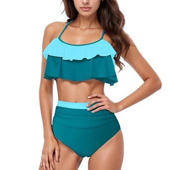 Women's Ruffle Flounce Bikini Top and High Waist Bottom Two-Piece Swimsuit with Contrast Trim