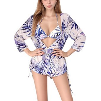 Women's Leaf Print 3 pc Swimsuit Set Bikini Top Drawstring Shorts Long Sleeve Sheer Cover Up