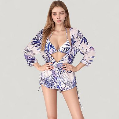 Women's Leaf Print 3 Piece Swimsuit Set Bikini Top Drawstring Shorts Long Sleeve Sheer Cover Up