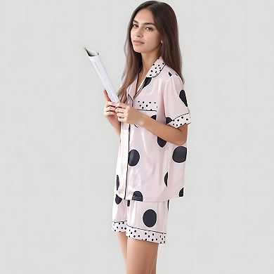 Women's Satin Polka Dot Short Sleeve Pajama Set with Button Down Top and Contrast Trim Details