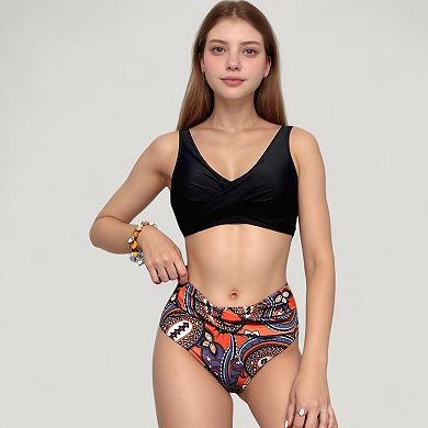 Women's Wrap Front Bikini Top and High Waist Printed Bottom Two-Piece Swimsuit