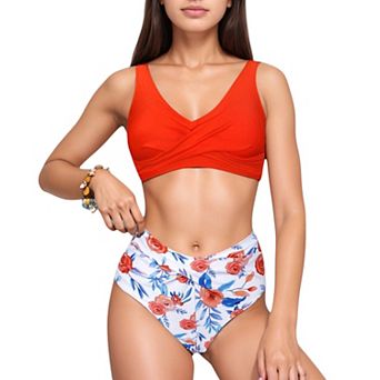 Women's Wrap Front Bikini Top and High Waist Printed Bottom Two-Piece Swimsuit