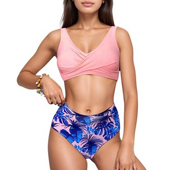 Women's Wrap Front Bikini Top and High Waist Printed Bottom Two-Piece Swimsuit
