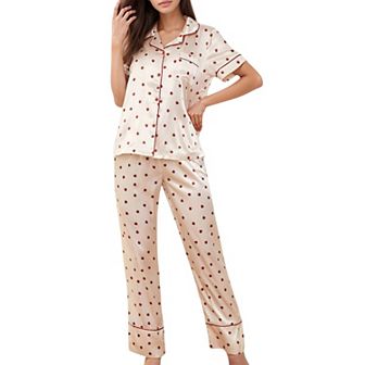 Women's Satin Pajama Set with Short Sleeve Notch Collar Button-Up Top and Polka Dot Wide Leg Pants