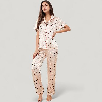 Women's Satin Pajama Set with Short Sleeve Notch Collar Button-Up Top and Polka Dot Wide Leg Pants