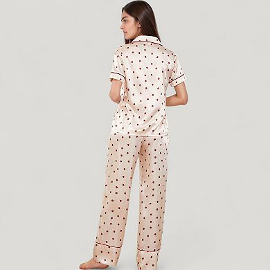 Women's Satin Pajama Set with Short Sleeve Notch Collar Button-Up Top and Polka Dot Wide Leg Pants