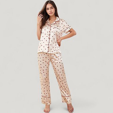 Women's Satin Pajama Set with Short Sleeve Notch Collar Button-Up Top and Polka Dot Wide Leg Pants
