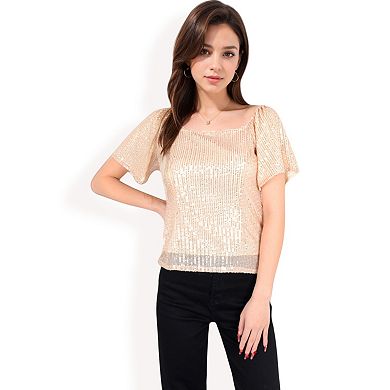 Women's Short Sleeve Square Neck Sequin Top for Special Occasions