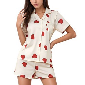 Women's Heart Print Short Sleeve Pajama Set with Chest Pocket and Button Down Top