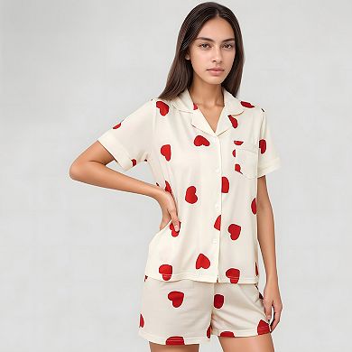 Women's Heart Print Short Sleeve Pajama Set with Chest Pocket and Button Down Top