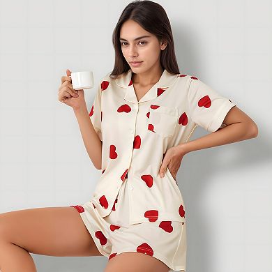 Women's Heart Print Short Sleeve Pajama Set with Chest Pocket and Button Down Top