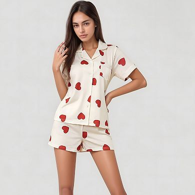 Women's Heart Print Short Sleeve Pajama Set with Chest Pocket and Button Down Top