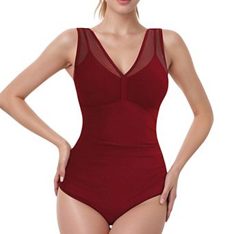 Women's Mesh Insert V-Neck One Piece Swimsuit with Ruched Waist and Wide Shoulder Straps