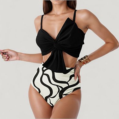 Women's Knot Front Bikini Top and High Waist Abstract Print Bottom Two-Piece Swimsuit