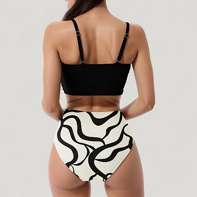 Women's Knot Front Bikini Top and High Waist Abstract Print Bottom Two-Piece Swimsuit