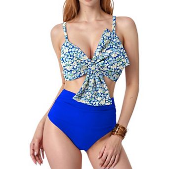 Women's Knot Front Bikini Top and High Waist Abstract Print Bottom Two-Piece Swimsuit