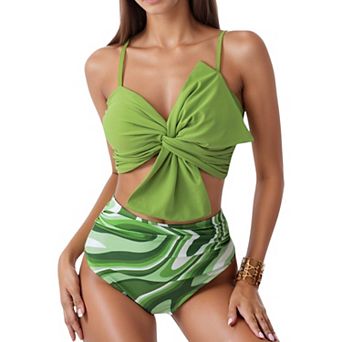 Women's Knot Front Bikini Top and High Waist Abstract Print Bottom Two-Piece Swimsuit