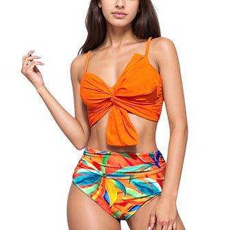 Women's Knot Front Bikini Top and High Waist Abstract Print Bottom Two-Piece Swimsuit