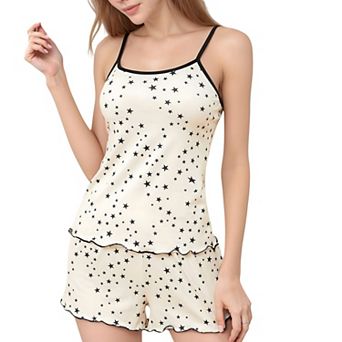Women's Star Print Cami and Shorts Pajama Set with Contrast Trim and Lettuce Hem