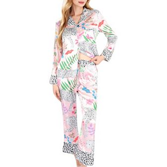 Women's Satin Pink Leopard Print Pajama Set with Button-Up Long Sleeve Top and Relaxed Fit Pants