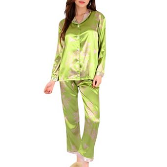 Women's Satin Bamboo Print Pajama Set with Contrast Trim