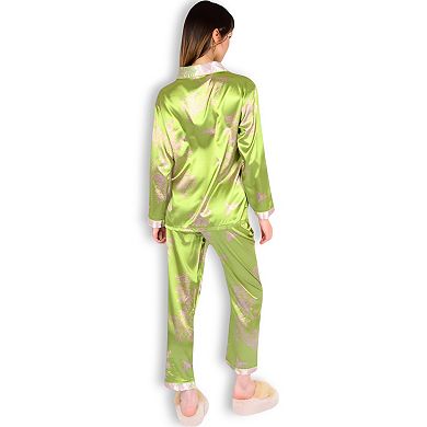 Women's Satin Bamboo Print Pajama Set with Contrast Trim