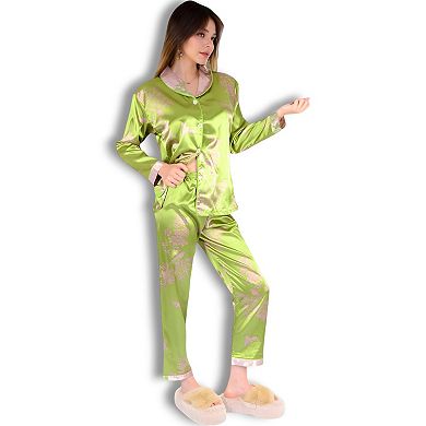 Women's Satin Bamboo Print Pajama Set with Contrast Trim