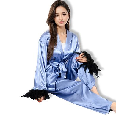 Women's Satin Feather Trim Button-Up Lounge Set with Wide-Leg Pants