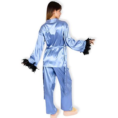 Women's Satin Feather Trim Button-Up Lounge Set with Wide-Leg Pants