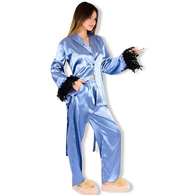 Women's Satin Feather Trim Button-Up Lounge Set with Wide-Leg Pants