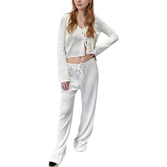 Women's Knit Tie-Front Lounge Set with Long Sleeve Cardigan and Wide-Leg Pants