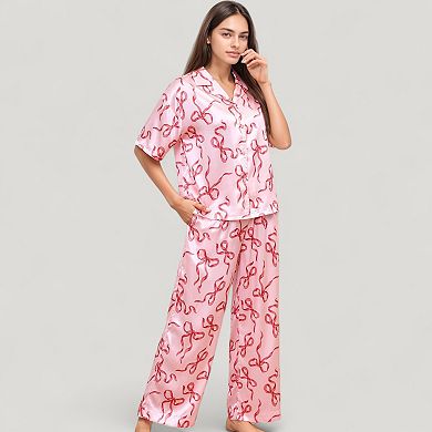 Women's Satin Button-Up Pajama Set with Short Sleeve Notch Collar Top and Wide Leg Pants