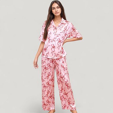 Women's Satin Button-Up Pajama Set with Short Sleeve Notch Collar Top and Wide Leg Pants