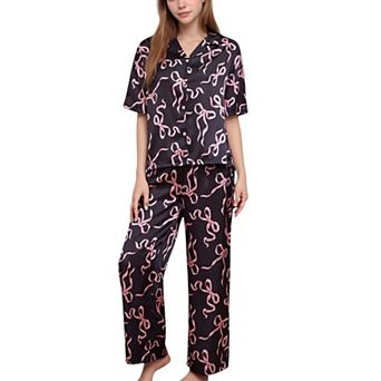 Women's Satin Button-Up Pajama Set with Short Sleeve Notch Collar Top and Wide Leg Pants