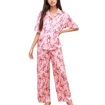 Women's Satin Button-Up Pajama Set with Short Sleeve Notch Collar Top and Wide Leg Pants