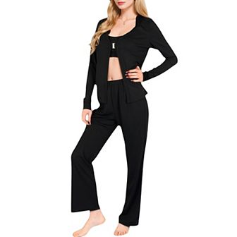 Women's Ribbed Knit Lounge Set with Open Front Cardigan, Bralette, and Wide-Leg Pants