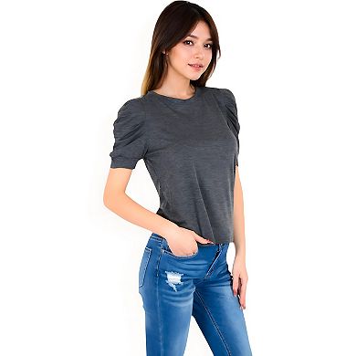 Women's Short Sleeve Puff Shoulder Tee with Crew Neck and Slim Fit