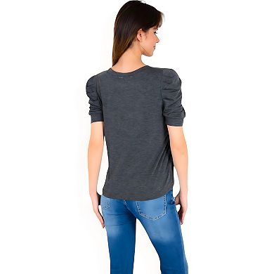 Women's Short Sleeve Puff Shoulder Tee with Crew Neck and Slim Fit