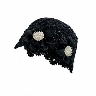Women's Handmade Crochet Lace Cap with Floral Appliques and Elegant Vintage-Inspired Design