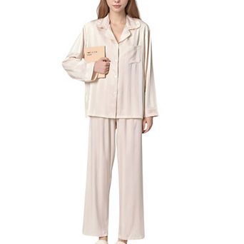 Women's Long Sleeve Button-Down Satin Pajama Top with Ruffle Collar and Wide Leg Pants Sleepwear Set