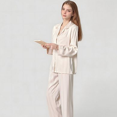 Women's Long Sleeve Button-Down Satin Pajama Top with Ruffle Collar and Wide Leg Pants Sleepwear Set
