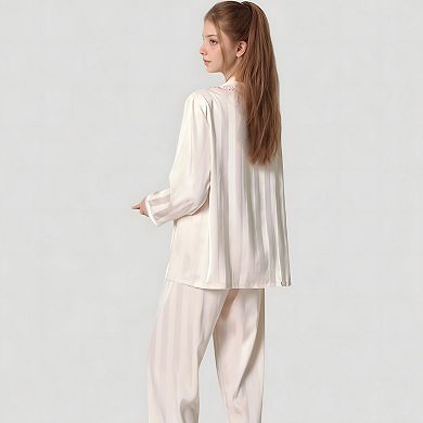 Women's Long Sleeve Button-Down Satin Pajama Top with Ruffle Collar and Wide Leg Pants Sleepwear Set