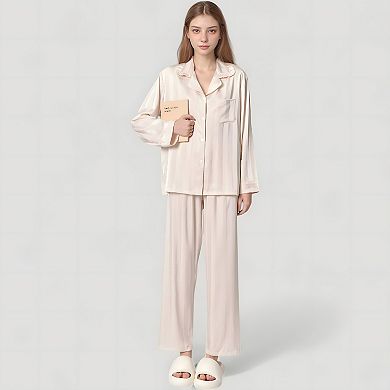 Women's Long Sleeve Button-Down Satin Pajama Top with Ruffle Collar and Wide Leg Pants Sleepwear Set