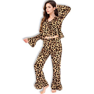 Women's Leopard Print Lounge Set with Tie-Front Peplum Top and Wide-Leg Pants
