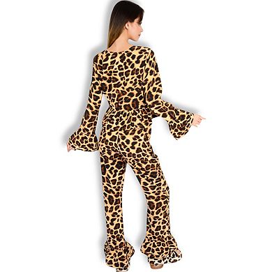 Women's Leopard Print Lounge Set with Tie-Front Peplum Top and Wide-Leg Pants