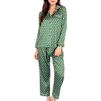 Women's Polka Dot Satin Pajama Set with Ruffled Cuffs and Piping Detail
